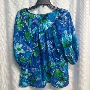 Ralph Lauren Blue and Green Floral 100% Silk Blouse Large classic coastal